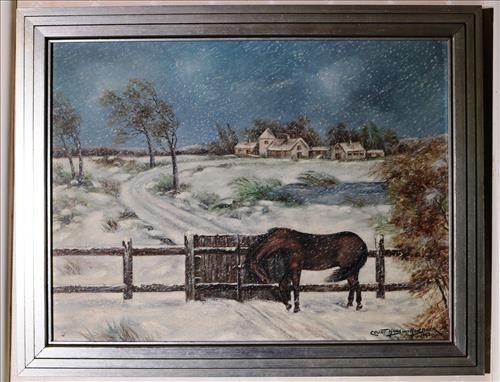 Oil on canvas of horse in snow storm: Oil on canvas of horse in snow storm signed Count Hans Von Huebner, dated 1937, 19.5 x 15.5