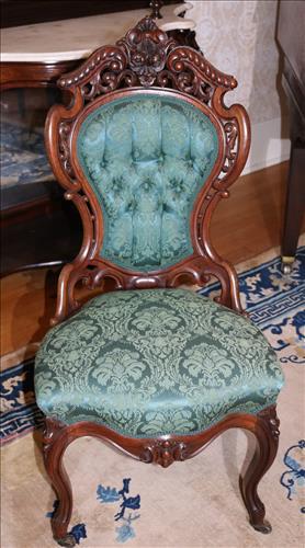 Meeks rosewood laminated parlor side chair: Meeks rosewood rococo pierced carved laminated parlor side chair, Stanton Hall pattern, 40 in. T in. T, 20 in. W, 18 in. D.