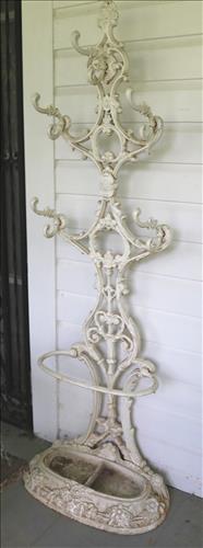 Cast iron Victorian hall tree: Cast iron Victorian hall tree, 67.5 in. T, 24.5 in. W, 12.5 in. D.