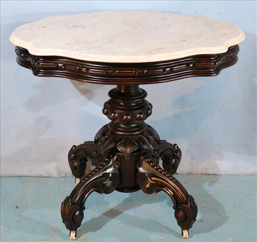 Rosewood turtle top parlor table attrib. to T. Brooks: Rosewood turtle top parlor table with white marble attrib. to Thomas Brooks NY, 30 in. T, 34 in. L, 25 in. W.