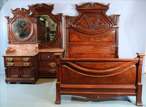 3 piece walnut Victorian bedroom suit, full size: 3 piece walnut Victorian bedroom suit, full size bed, dresser and wash stand with brown marble top, bed - 82 in. T, 74 in. L, 56 in. W, ca. 1885