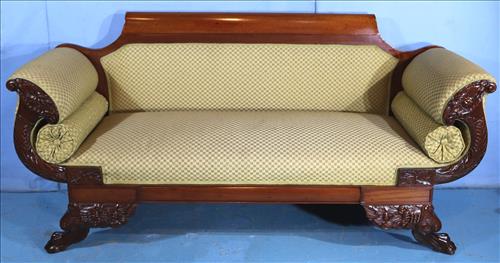 Federal sofa with cornucopia and carved arms: Federal sofa with cornucopia, carved arms, claw feet and new gold upholstery, 38.5 in. T, 78.5 in. W, 22.5 in. D.