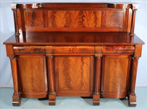 Mahogany Empire sideboard with scroll feet: Mahogany Empire sideboard with scroll feet, column front and tall backsplash, 57.5 in. T, 72 in. W, 25 in. D.