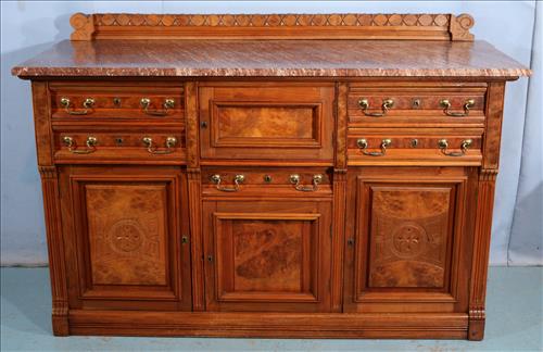 Walnut Victorian marble top sideboard: Walnut Victorian marble top sideboard with burl trim and brown marble, 40 in.T, 60 in. W, 24 in. D.