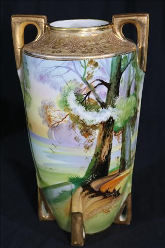 Hand painted Nippon vase with gold paint trim: Hand painted Nippon vase with gold paint trim and decorated all over, 10 in. T, 6 in. W.
