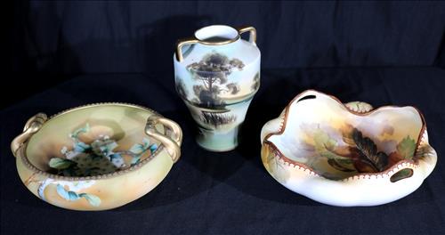3 pieces of hand painted Nippon: 3 pieces of hand painted Nippon, 2 bowls and one small vase, all signed