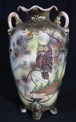 Hand Painted Nippon vase with owl on side: Hand Painted Nippon vase with owl on side, 13 in. T, 7 in. W.