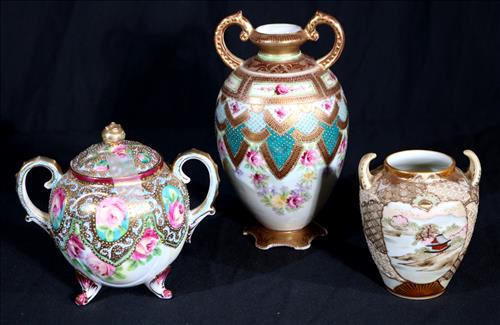 3 pieces of hand painted Nippon: 3 pieces of hand painted Nippon, sugar bowl, 2 vases with handles, 8 in. T, 4 in. T.