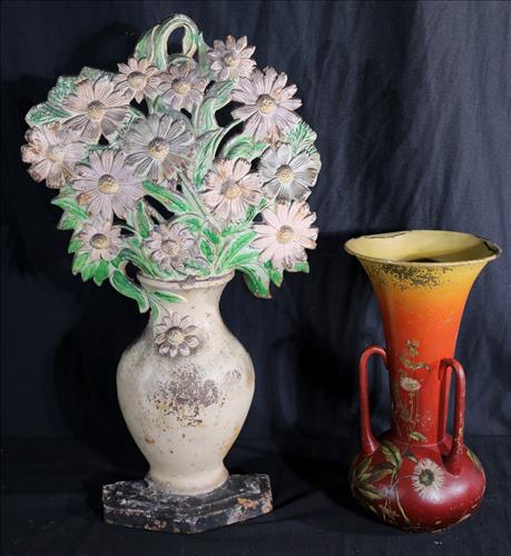 2 pieces, cast iron door stop, vase: 2 pieces, cast iron door stop, Bradley and Hubbard Vase, 17.5 in. x 10.5 in.