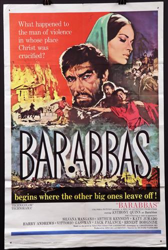 "Barabbas", 27 x 41, Year - 1962: "Barabbas", Anthony Quinn, 27 x 41, Year - 1962, Design. (1), Pin holes and minor tears.......ONE SHEET-(1)This size is most recognizable as the standard movie poster and the size most popular among c