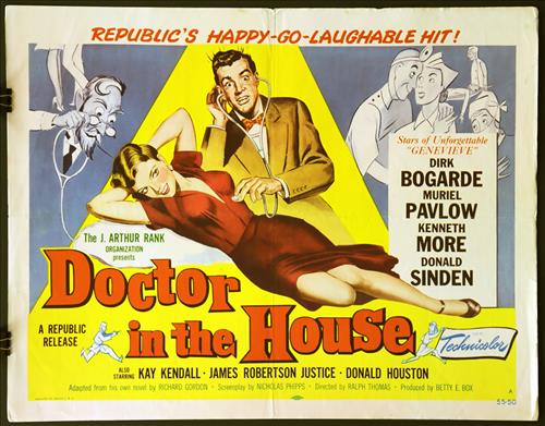 "Doctor in the House", 22 x 28: "Doctor in the House", Dirk Bograde, Muriel Pavlow, Kenneth More, Donald Sinden, 22 x 28, Year - 1954, Design. (H), Poster # 55-50, no pinholes.....Printed on card stock paper, the studios often print