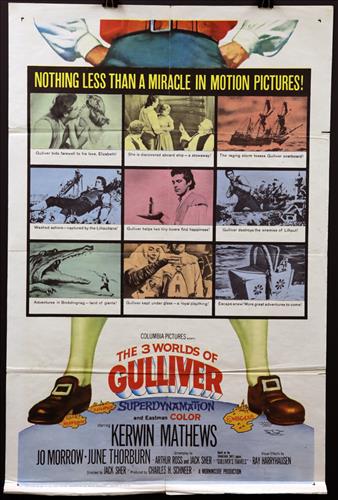 "The 3 Worlds of Gulliver", 27 x 41, Year - 1960: "The 3 Worlds of Gulliver", Kerwin Mathews, Jo Morrow, June Thorburn, 27 x 41, Year - 1960, Design. (1).......ONE SHEET-(1) This size is most recognizable as the standard movie poster and the size mos