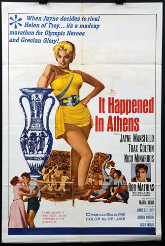 "It Happened in Athens", 27 x 41, Year - 1962: "It Happened in Athens", Jayne Mansfield, Trax Colton, Nico Minardos, Bob Mathias, 27 x 41, Year - 1962, Design. (1).......ONE SHEET-(1) This size is most recognizable as the standard movie poster and