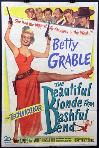 "The Beautiful Blonde from Bashful Bend" 27 x 41, 1941: "The Beautiful Blonde from Bashful Bend" Betty Grable, Cesar Romero, Rudy Vallee, year - 1949, 27 x 41, Year - 1949, Design. (1).......ONE SHEET-(1) This size is most recognizable as the standard movi