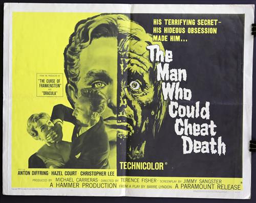 "The Man Who Could Cheat Death", 22 x 28, Year - 1959: "The Man Who Could Cheat Death", Anton Diffring, Hazel Court, Christopher Lee, 22 x 28, Year - 1959, Design. (H)......HALF SHEET-(H) Printed on card stock paper, the studios often printed two styles o