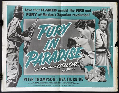 "Fury in Paradise", 22 x 28, Year - 1955: "Fury in Paradise", Peter Thompson, Rea Iturbide, 22 x 28, Year - 1955, Design. (H)......HALF SHEET-(H) Printed on card stock paper, the studios often printed two styles of this size, one of which wou