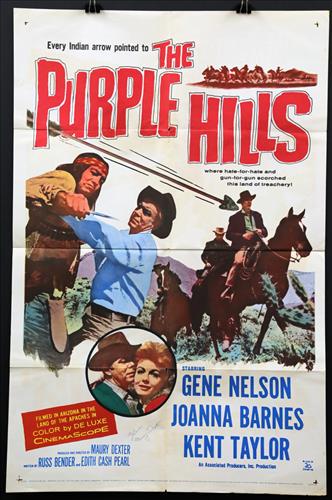"The Purple Hills", 27 x 41, Year - 1961: "The Purple Hills", Gene Nelson, Joanna Barnes, Kent Taylor, 27 x 41, Year - 1961, Design. (1).....ONE SHEET-(1) This size is most recognizable as the standard movie poster and the size most popular a