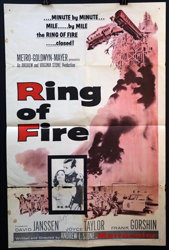 "Ring Of Fire," signed by Janssen , 27 x 41, Year 1961: "Ring Of Fire," SIGNED BY JANSSEN, 27 x 41, David Janssen, Joyce Taylor, Frank Gorshin, 27 x 41, Year - 1961 (1) Poster # 61/82.....ONE SHEET-(1) This size is most recognizable as the standard movie p