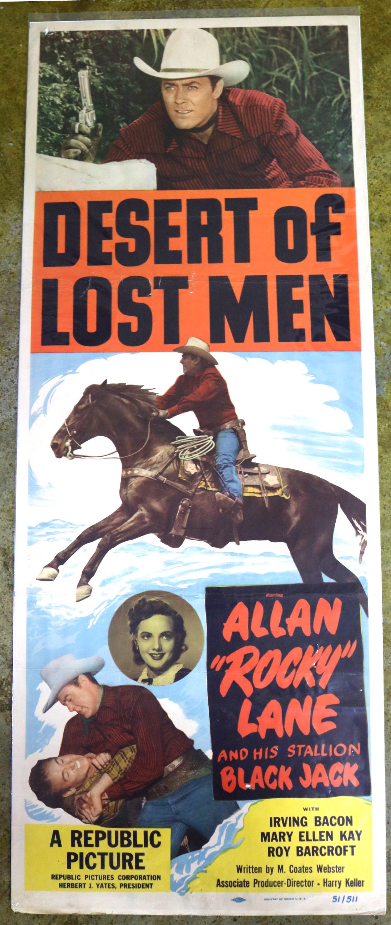 "Desert of Lost Men," 14 x 36, Year - 1951: "Desert of Lost Men," 14 x 36 Year - 1951, Allen Rocky Lane and his stallion Black Jack, Irving Bacon, Mary Ellen Kay, Poster # 51/511.....INSERT - (IN) Printed on card stock paper, these posters were