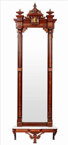Walnut Marble Top Pier Mirror with marble top: Large and Impressive Renaissance Revival Walnut Marble Top Pier Mirror with Gilt Incising and Victorian. Ladies Head H. 8 Ft., 9 In. , W. 3 Ft., 2 In.