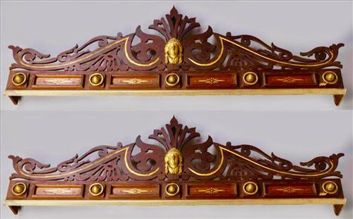 Rare pair of Renaissance Revival Walnut Valances: Rare pair of Renaissance Revival Walnut Valances, Pierced Carved with Gilt Incising and Victorian Ladies Head. 45 in. L, 14.5 in. T.
