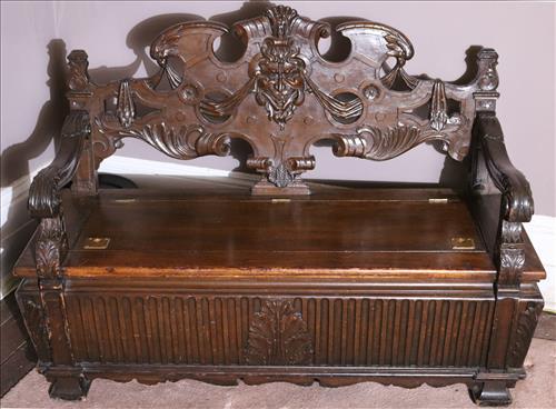 Mahogany Victorian hall bench with lift seat: Mahogany Victorian hall bench with lift seat and carved back, 38 in T, 54 in. W, 20 in. D.