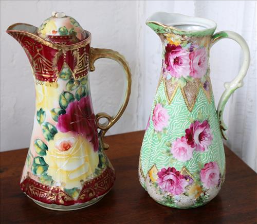 2 pieces, hand painted Nippon tea pots: 2 pieces, hand painted Nippon tea pots, 1 has damage, 10 in. T, 7 in. H-S