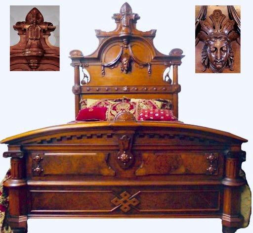 Magnificent Massive POTTIER & STYMUS Bed: Magnificent Massive POTTIER & STYMUS Architectural Victorian Renaissance Walnut & Rosewood oversized Queen Bed ,Height 8ft. 6 in., Footboard width ,5 ft. 7 in. , Architectural Colums up to 9 in., Vict