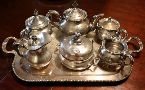 7 piece Victorian tea set w tray and double handles: 7 piece Victorian tea set, tray with double handles, 14 in. H-H