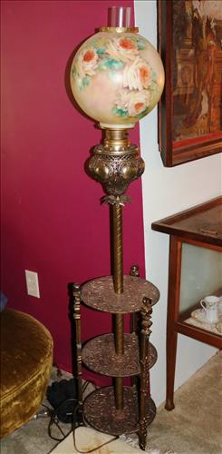 2 tier brass piano lamp with shade: 2 tier brass piano lamp with hand painted shade, 56 in T.