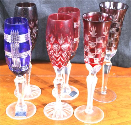 6 piece misc. colored champagne shot glasses: 6 piece misc. colored champagne shot glasses signed Chrystal Legends, made in Hungary, 9.5 in. T.