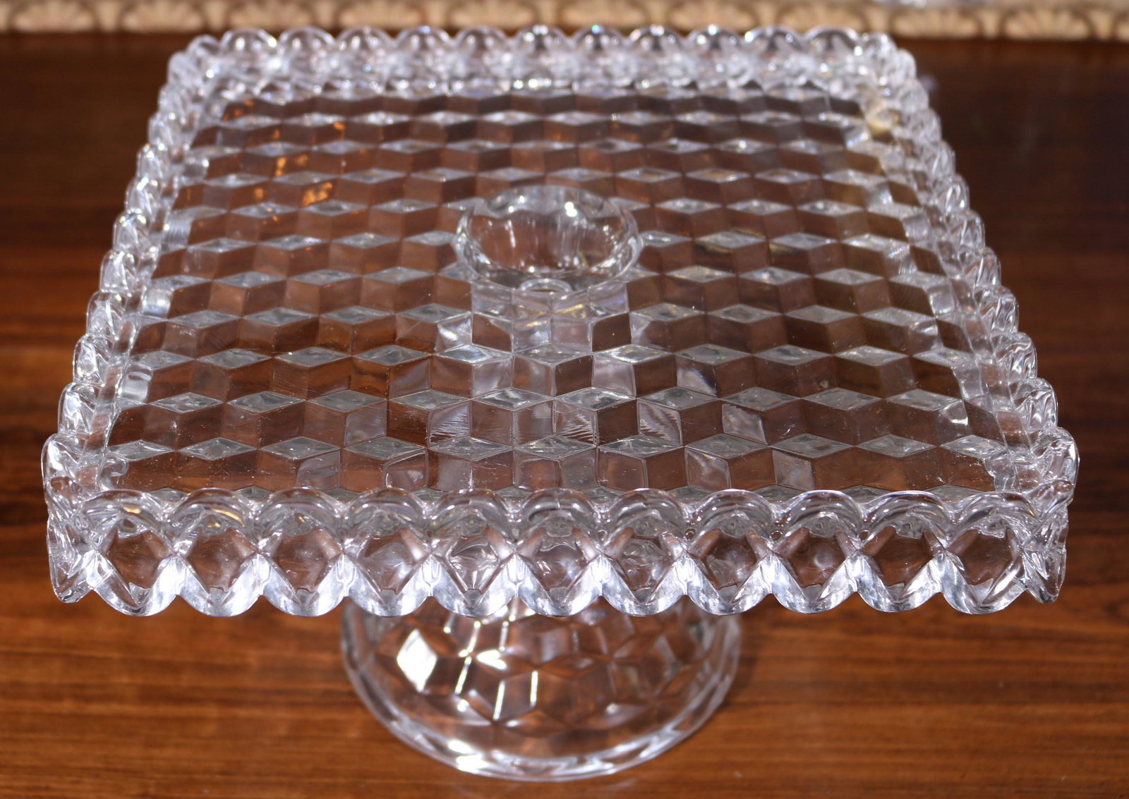 American Fostoria square lg. cake stand: American Fostoria square lg. cake stand in mint condition, 7 in. T, 10.25 in. Sq.