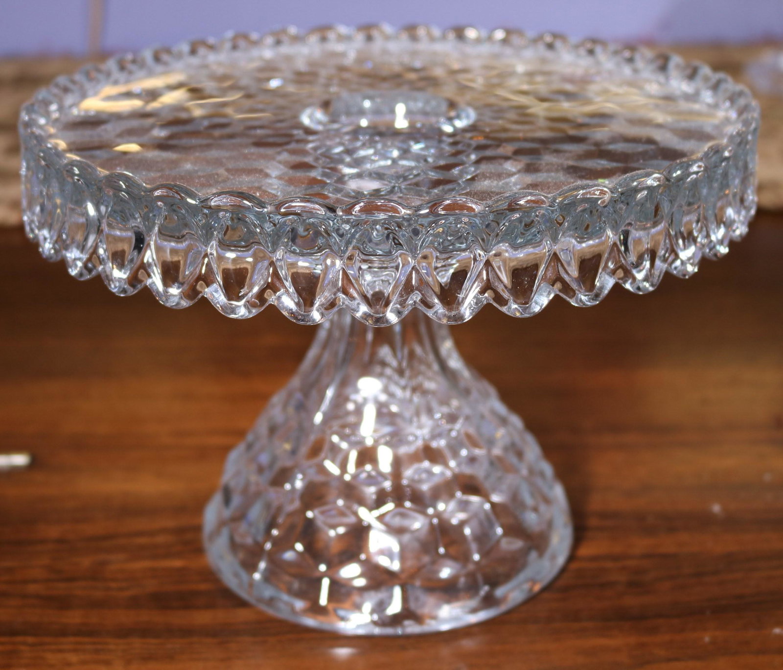 American Fostoria round cake stand, 7 in. T.: American Fostoria round cake stand, 7 in. T, 10 in. R.