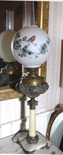Old Victorian Onyx Banquet Lamp: Old Victorian Onyx Banquet Lamp w/hand painted shade w/Blue Flowers & Red Bird converted to electric 37.5 T