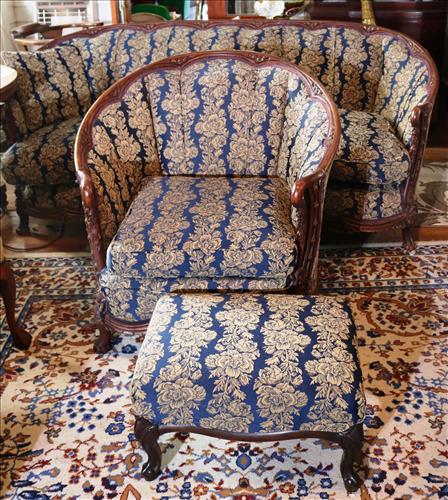 3 pc, Walnut Sofa, Chair and Ottoman: 3 Pieces, Walnut French Style Sofa, Chair and Ottoman w Blue and Gold Upholstery, ca 1920, 33T, 78W, 56D