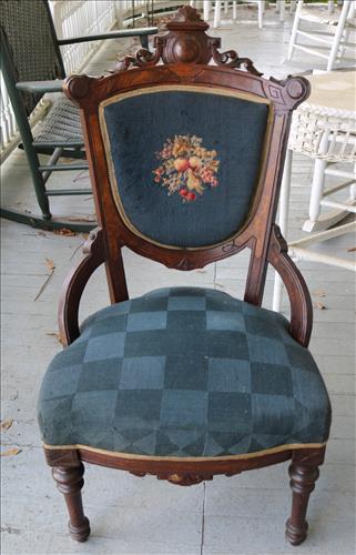 Victorian Blue Needlepoint Parlor Chair: Victorian Walnut Parlor Chair by John Jelliff with Blue Needlepoint Upholstery, 38T, 20W, 20D