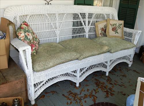 Antique very large Wicker Sofa w/ cushions: Antique very large Wicker Sofa w/green cushions 40 T, 82.5 L, 30D