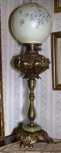 Brass and Alabaster Banquet Lamp: Brass and Alabaster Banquet Lamp with Hand Painted Shade with Flowers, 31.5 inches Tall