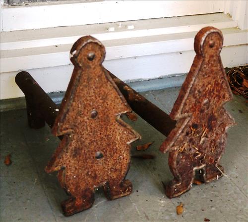 Old Solid Iron pair of Andirons: Old Solid Iron pair of Andirons with Christmas Trees 15T, 18L