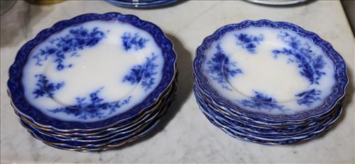 17 pieces of English flow blue plates, 8 and 9 Dia.: 17 pieces of English flow blue plates, eight are 9 in. Dia. and nine are 8 in. Dia., signed