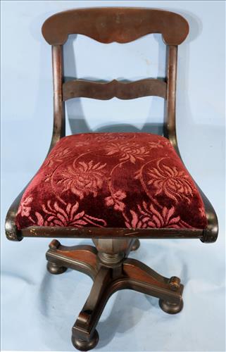 Mahogany piano stool, 30 in. T, 16 in. W.: Mahogany piano stool with black and burgundy seat, 30 in. T, 16 in. W, 15 in. D.