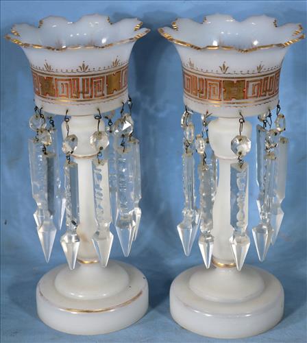 Pair of small white mantle lusters, 10.5 in. T.: Pair of small white mantle lusters, 10.5 in. T, 5 in. Dia.