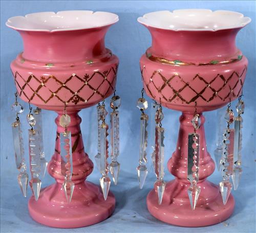Pair of pink mantle lusters with gold paint, 11 in. T.: Pair of pink mantle lusters with gold paint, 11 in. T, 6 in. Dia.