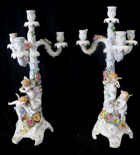 Pr. Dresden 4 candle figural candelabras: Pr. Dresden porcelain 4 candle candelabras with figural, 20.5 in. T.