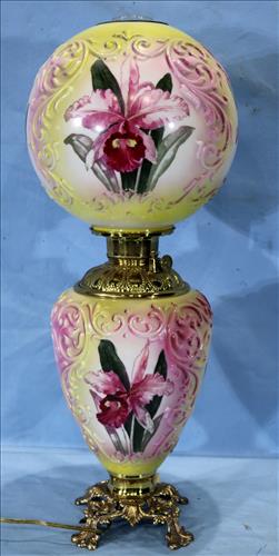 Gone with the wind banquet lamp, 25.5 in. T.: Gone with the wind yellow and pink banquet lamp with painted orchids, 25.5 in. T.