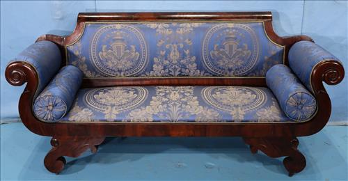 Period Empire loveseat with blue upholstery: Period Empire loveseat with blue and gold silk upholstery, 33 in. T, 71 in. L, 18.5 in. D.
