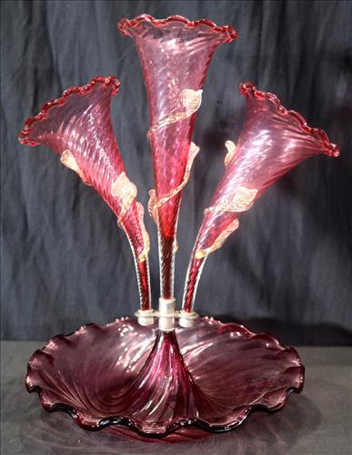 Victorian art glass cranberry epergne: Victorian art glass cranberry epergne, 16.5 in. T, 12.5 in. Dia.