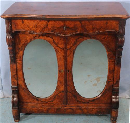 Rosewood 2 door Victorian parlor cabinet: Rosewood 2 door Victorian parlor cabinet with mirrored doors and drawer, 35 in. T, 34.5 in. W, 17 in. D.