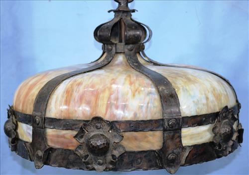 Large early hand hammered brass light fixture: Large early hand hammered brass, slag glass paneled light fixture, 24.5 Dia.