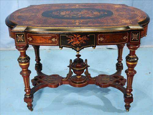 Renaissance revival center table: Renaissance revival center table by Pottier and Stymus, 30 in. T, 25 in. W, 29 in. D.